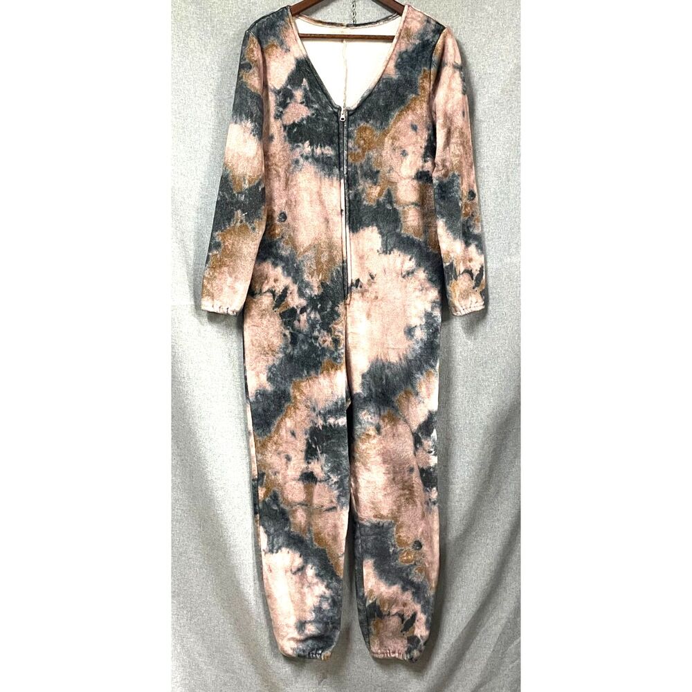 Natural Life Womens S Fleece Pajama Jumpsuit Pink, Blue. Green Tie Dye One Piece